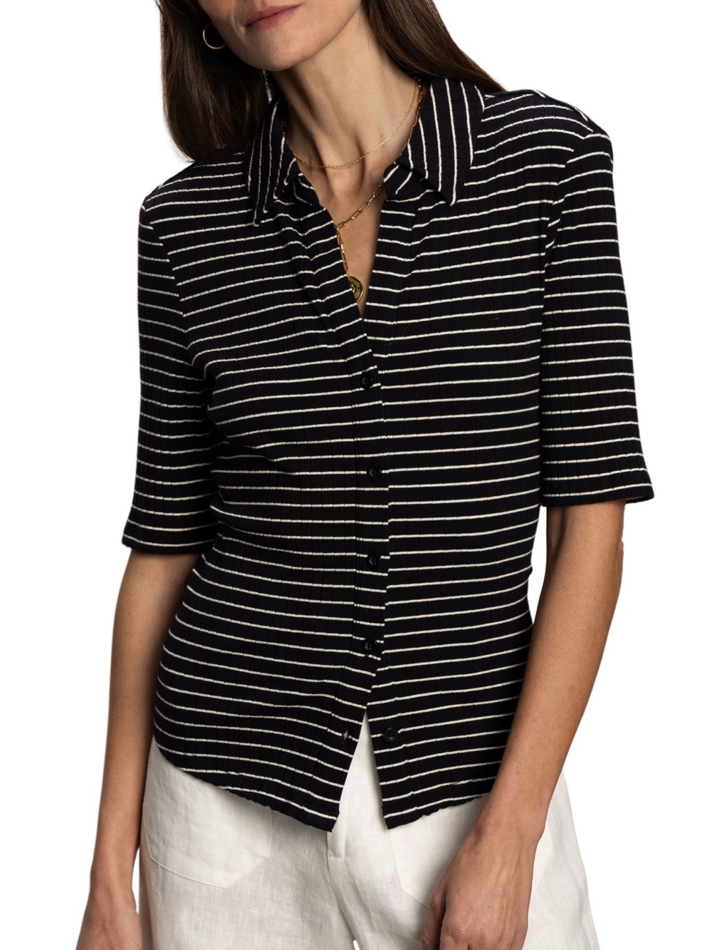 Sanctuary Black and White Striped Collared Button-Down Top